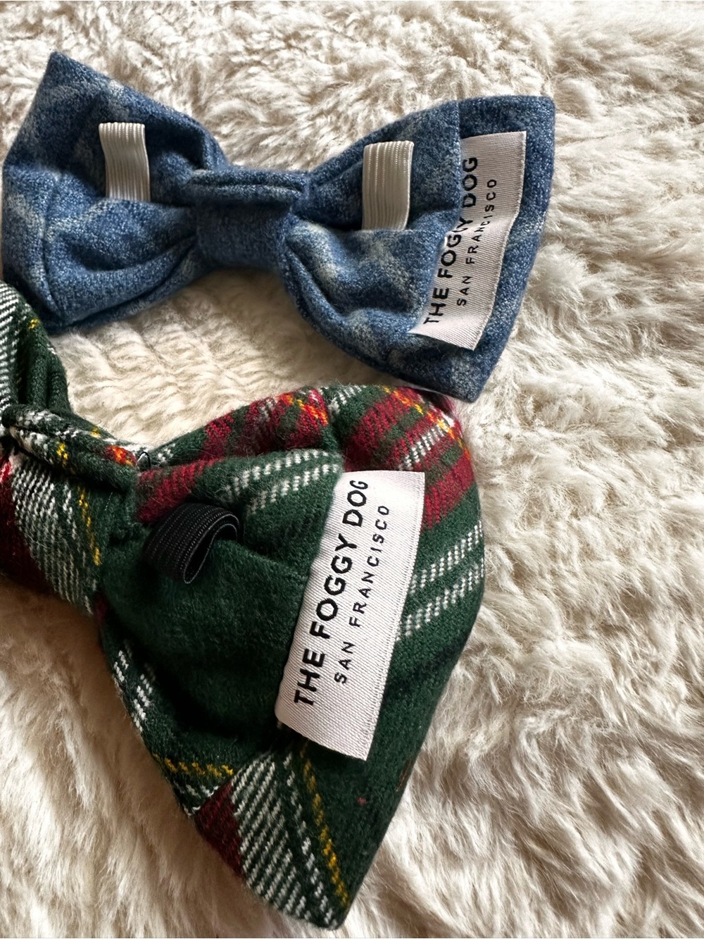 The Foggy Dog Holiday Plaid & Denim Bow Set in Red, Green, Blue - Picture 3 of 7